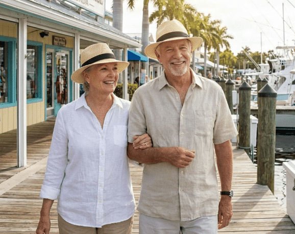 Couple wearing sun hats and light linen clothing smiling and walking arm-in-arm along a marina boardwalk lined with shops and docked boats.