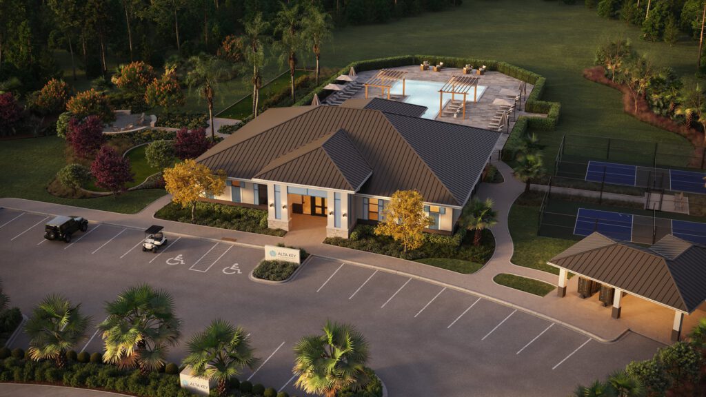Aerial view of the Alta Key clubhouse, pool and sports courts