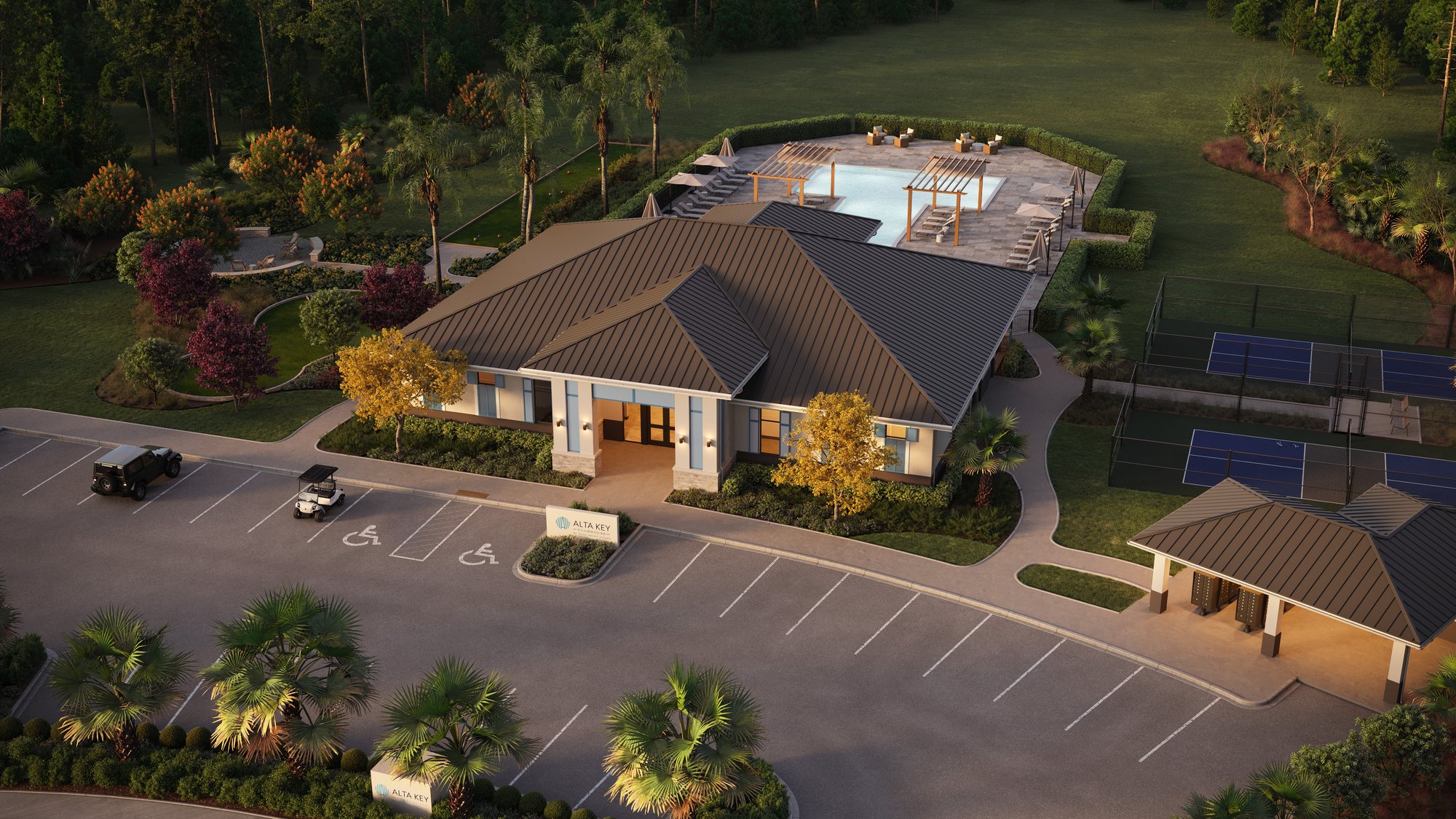Aerial view of the Alta Key clubhouse, pool and sports courts