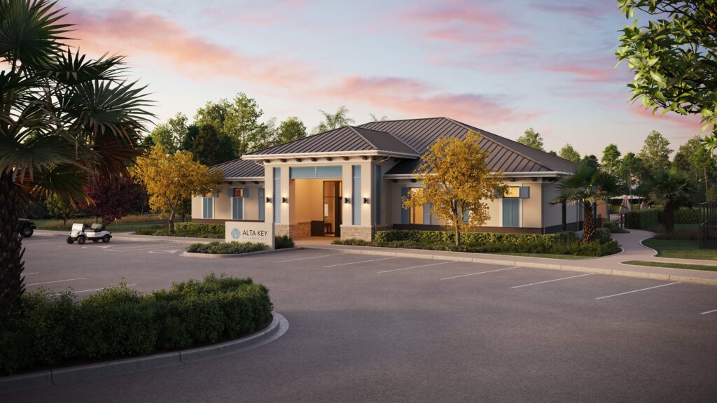 The Alta Key clubhouse entrance at dusk