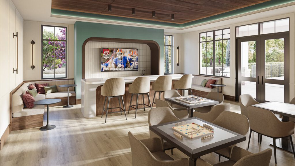 Clubroom bar with high stools and lounge seating